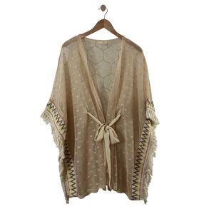 Ryu Anthropologie Beige Mesh Lace Kimono Embroidered Fringe Tie Front S/M NWOT